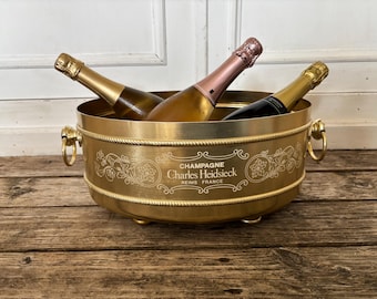 Gold-plated Charles Heidsieck champagne cooler. French champagne cooler. Ice bucket. Antique France. French flea market find.