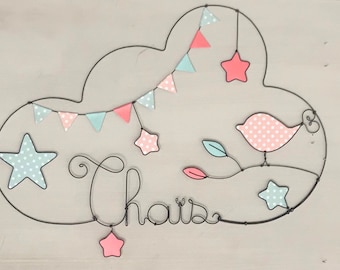 Customizable first name in wire - bird and stars - baby and child decoration by Chacha des étoiles