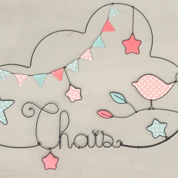 Customizable first name in wire - bird, and stars - baby and child decoration by Chacha des Etoiles
