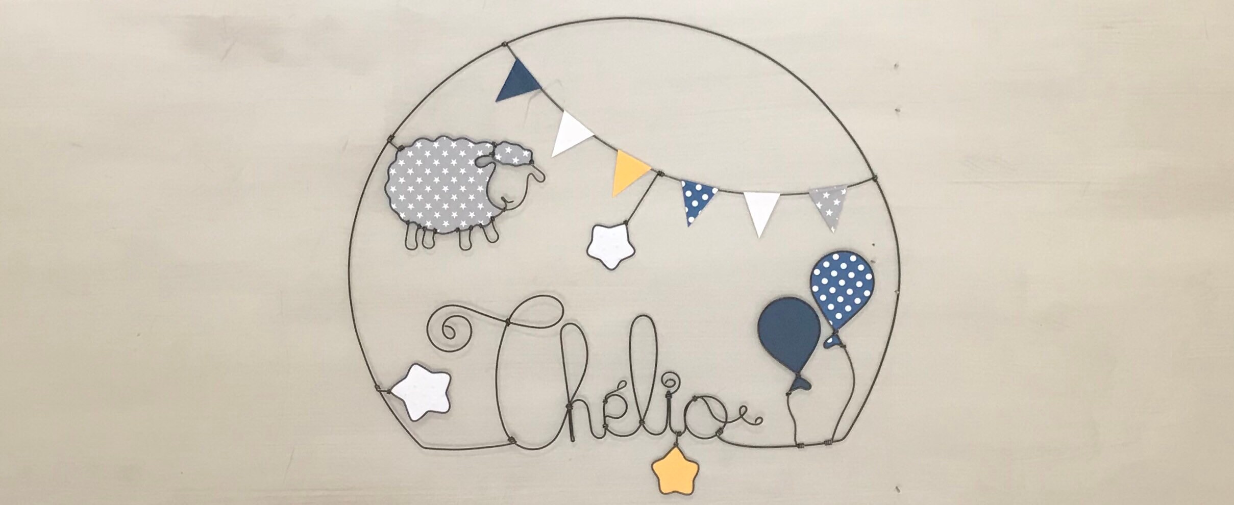 Prenom en Fil de Fer Personnalisable - Mouton Ballons et Étoiles Décoration Bébé Enfant Par Chacha D