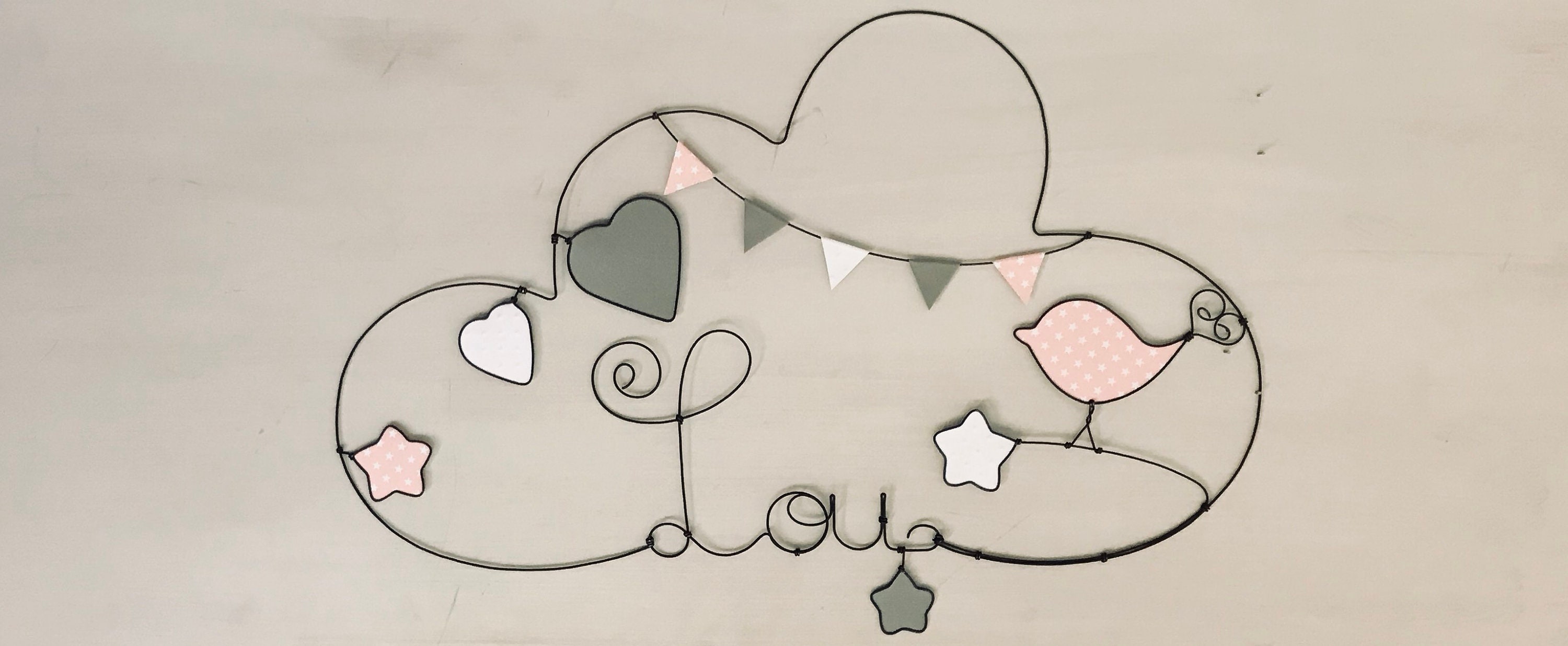Prénom Personnalisable en Fil de Fer - Forme Nuage 4530 cm- Theme Oiseau, Coeurs et Étoiles Décorati