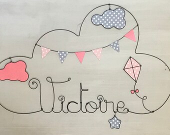 Customizable wire name - clouds, kite and stars - baby and child decoration by Chacha des étoiles