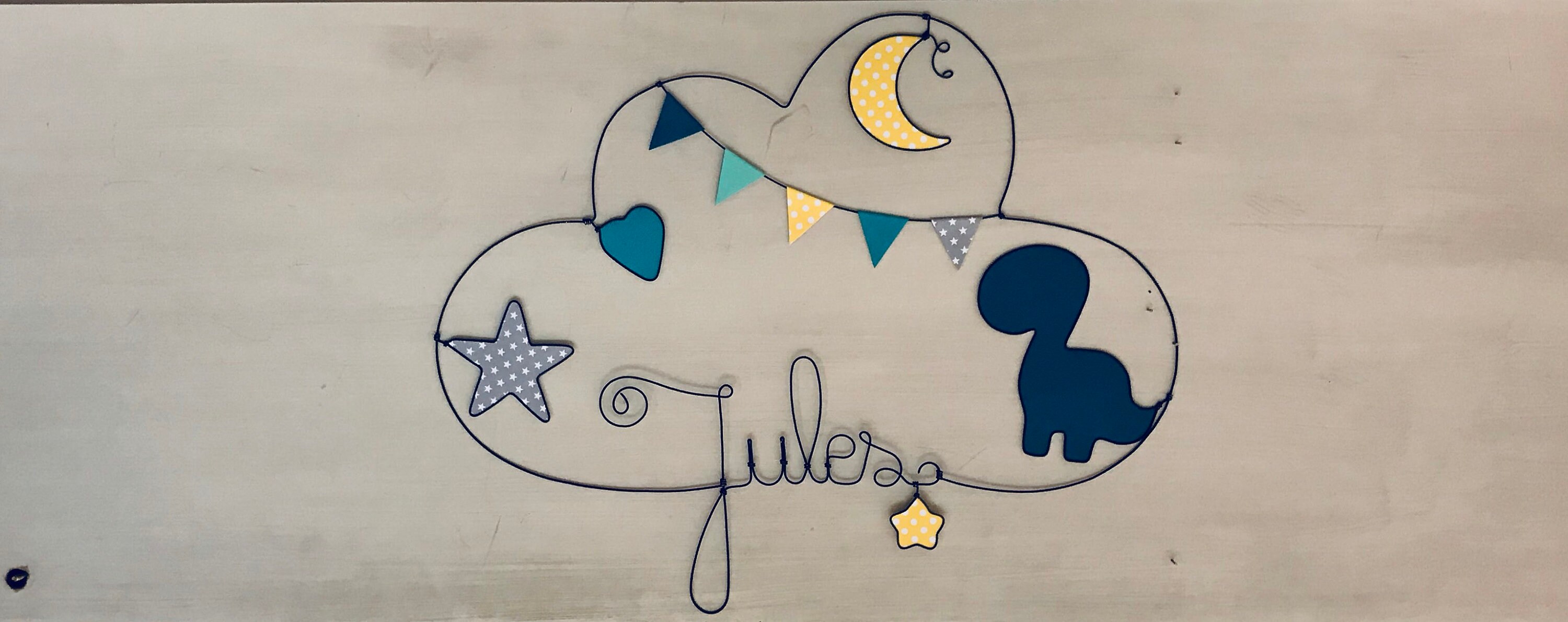 Prenom en Fil de Fer Personnalisable - Dinosaure Lune et Étoiles Décoration Pour Enfant Par Chacha D
