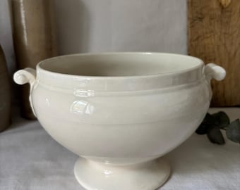 Antique white tureen from Sarreguemines, France. Large French serving bowl. Antique France, 19th century.
