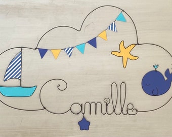 Customizable wire name - sailor - whale boat starfish - baby and child room decoration