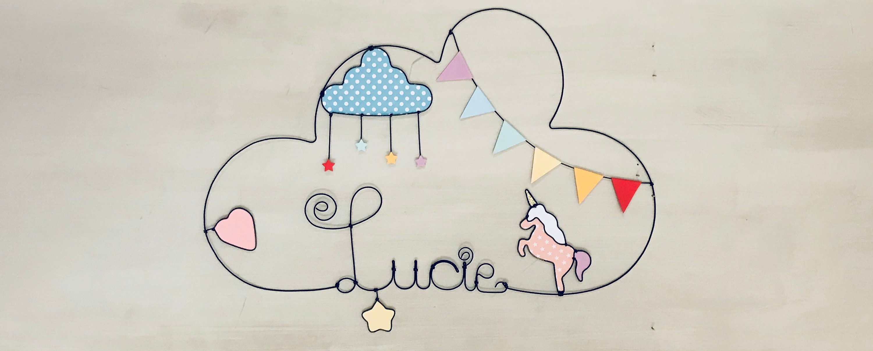 Prenom en Fil de Fer Personnalisable-Licorne Coeur Nuage Etoiles - Décoration Pour Chambre Bébé et d