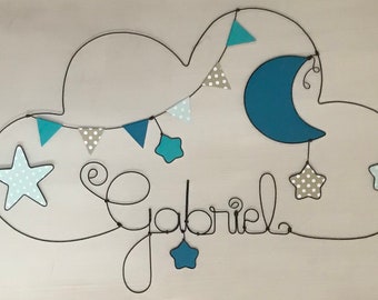 Children&#39;s room decoration - Personalized wire first name - cloud shape 45*30cm - moon and stars -