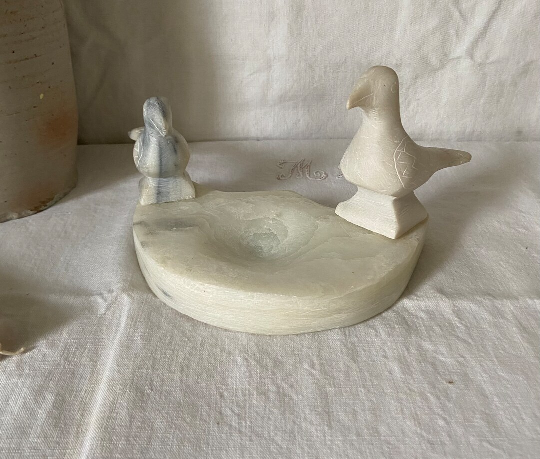 Alabaster Birdbath Sculpture. Carved Alabaster Decoration. Old French ...