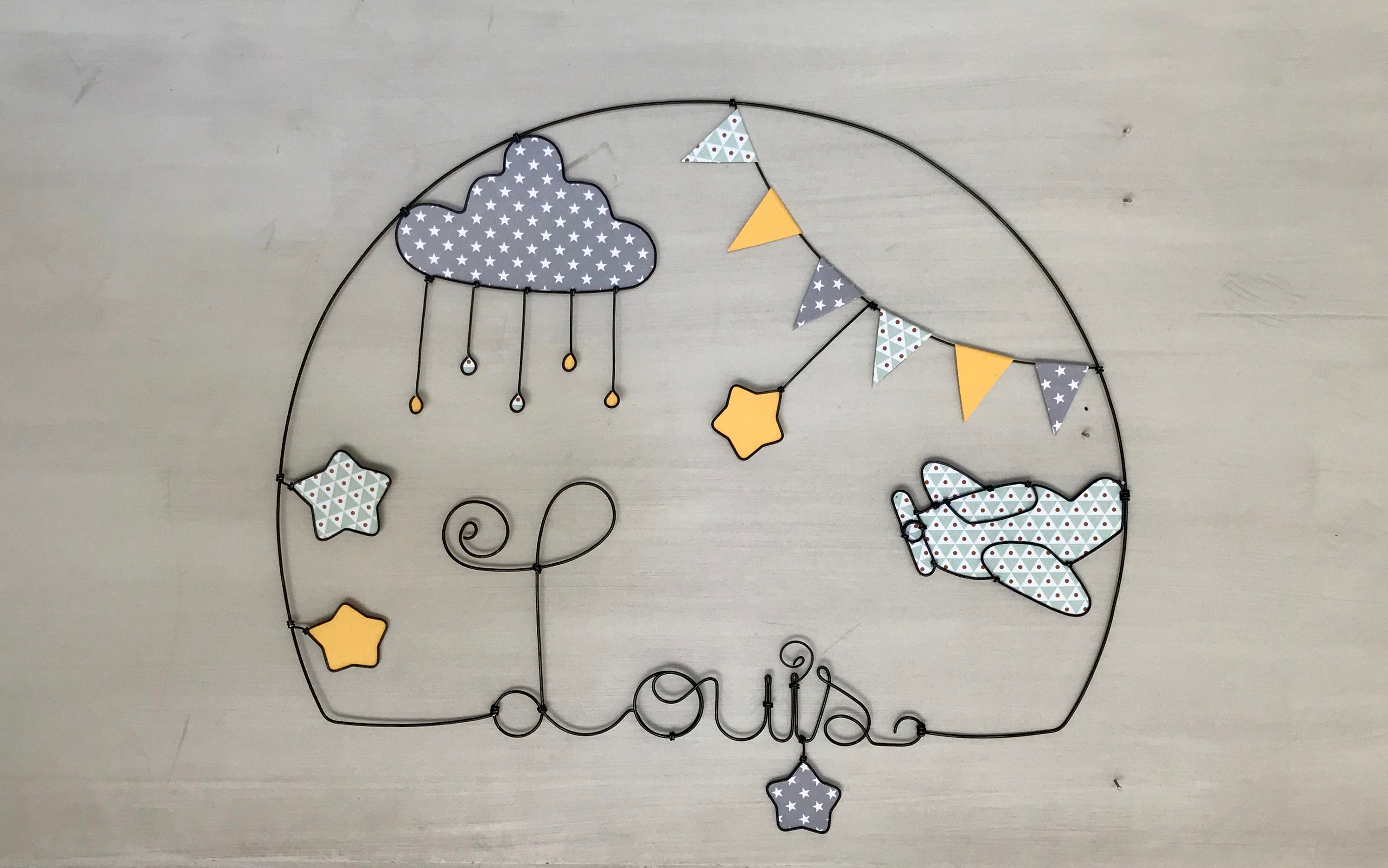 Prenom en Fil de Fer Personnalisable - Avion Nuage et Étoiles Décoration Bébé Par Chacha Des Étoiles
