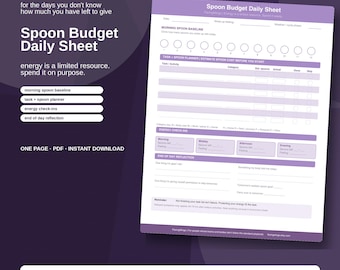 Spoon Budget Daily Sheet Lavender | Spoonie Energy Tracker | Chronic Illness ADHD Printable Planner