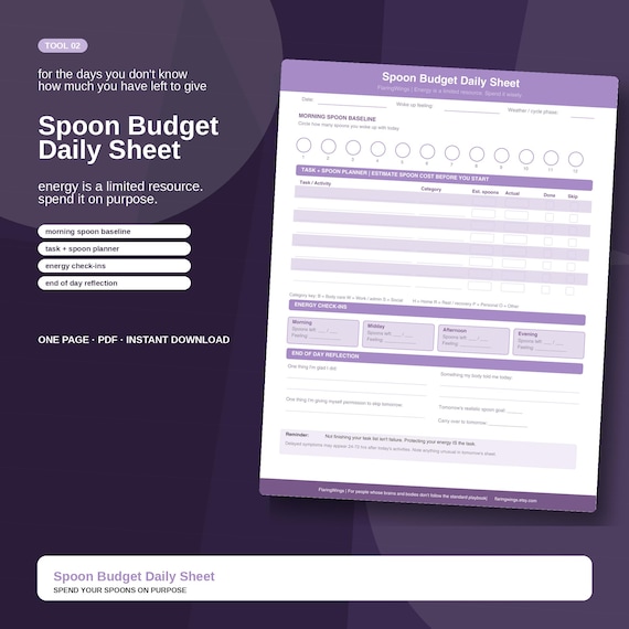 Spoon Budget Daily Sheet Lavender | Spoonie Energy Tracker | Chronic Illness ADHD Printable Planner