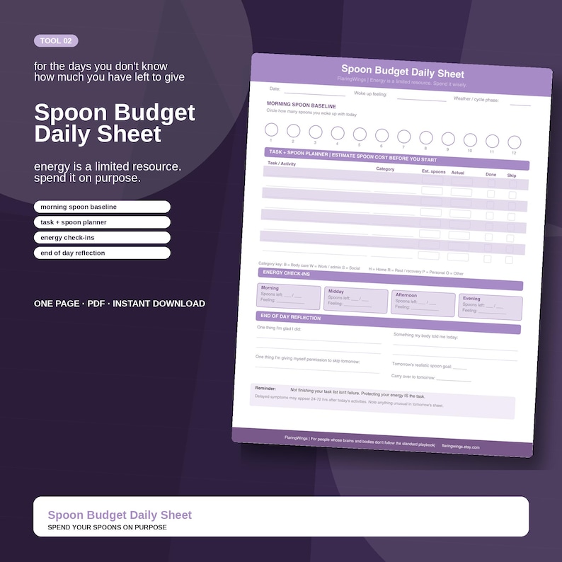 Spoon Budget Daily Sheet Lavender | Spoonie Energy Tracker | Chronic Illness ADHD Printable Planner image 1