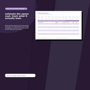May include: A white daily planner sheet with purple accents featuring a morning spoon baseline tracker with twelve circles, a task and spoon planner table with columns for activity, category, estimated spoons, actual, done, and skip, and a category key.