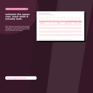 May include: A white daily planner sheet with pink accents featuring a morning spoon baseline with twelve circles, a task and spoon planner table with columns for activity, category, estimated and actual spoons, and a category key at the bottom.