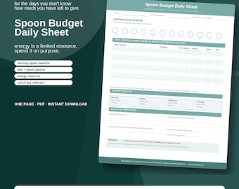 May include: A teal Spoon Budget Daily Sheet printable planner page featuring sections for morning spoon baseline, task and spoon planning, energy check-ins, and end of day reflection. The document includes text fields for tracking daily energy.
