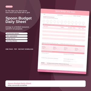 May include: A pink and white Spoon Budget Daily Sheet printable planner page. The document includes sections for morning spoon baseline, task and spoon planner, energy check-ins, and end of day reflection with lines for writing and checkboxes.