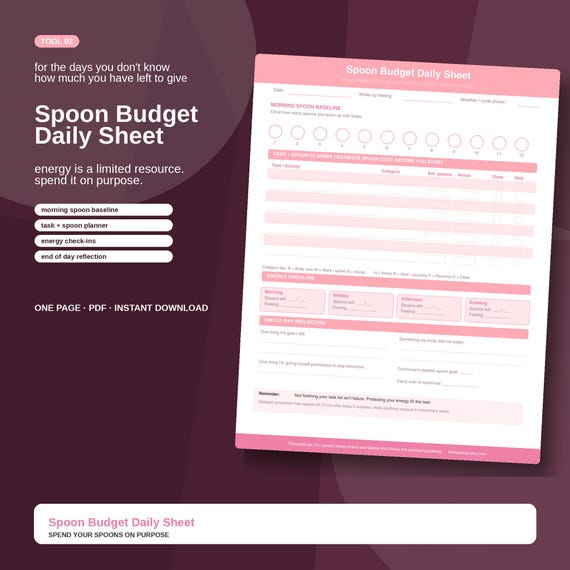 Spoon Budget Daily Sheet Pink | Spoonie Energy Tracker | Chronic Illness ADHD Printable Planner