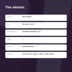 May include: A dark purple informational graphic titled The details. with white rectangular fields listing product specifications: Format PDF, printable; Size US Letter 8.5x11; Compatible with GoodNotes, Notability, print; Pages 1; Delivery instant download; Keywords chronic illness, spoonie, ADHD, energy tracker.