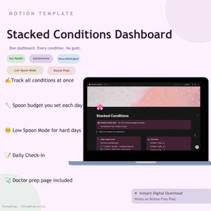 May include: A digital Notion template titled Stacked Conditions Dashboard displayed on a laptop screen. The interface features sections for tracking health conditions, a daily spoon budget, a low spoon mode, and a doctor prep page.