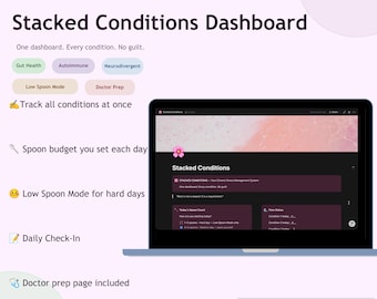 May include: A digital Notion template titled Stacked Conditions Dashboard displayed on a laptop screen. The interface features sections for tracking health conditions, a daily spoon budget, a low spoon mode, and a doctor prep page.