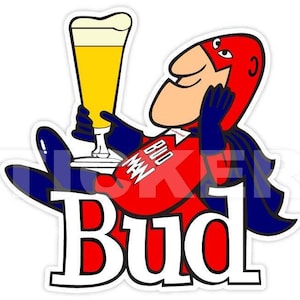 May include: A red and blue cartoon superhero character holding a glass of beer. The character is wearing a red cape and has a white 'Bud Man' logo on their chest. The word 'Bud' is written in large white letters below the character.