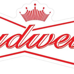 May include: Red and white Budweiser logo with a crown on top. The logo is in a stylized font and is set against a white background.