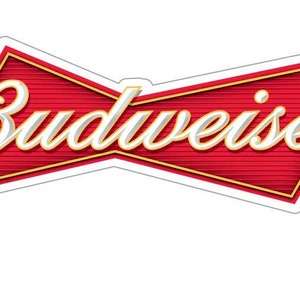May include: A red and gold Budweiser logo with the word "Budweiser" in white lettering.