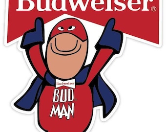 Bud Man Budman Budweiser "Sizes" Beer Vinyl Sticker Decal Retro Vintage