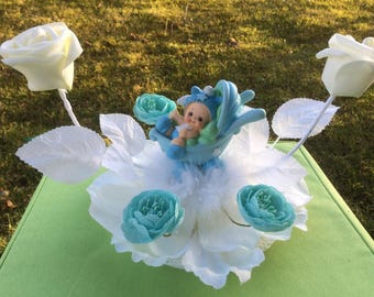 Center White And Blue Boy Baptism Centerpiece White Blue Boy Etsy