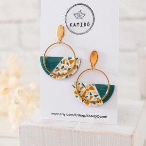 Semi Lagoon and Graniglia earrings. Earrings with metal hoop and wooden pendant. Semicircle shape Lagoon green image 2
