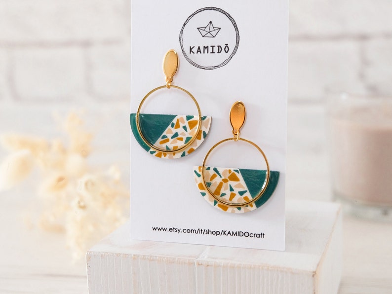 Semi Lagoon and Graniglia earrings. Earrings with metal hoop and wooden pendant. Semicircle shape Lagoon green image 2