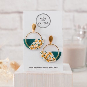 Semi Lagoon and Graniglia earrings. Earrings with metal hoop and wooden pendant. Semicircle shape Lagoon green image 1