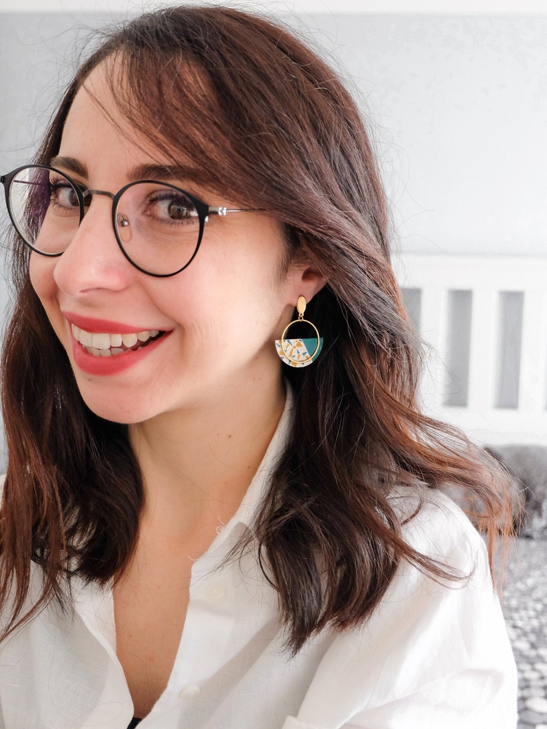 Semi Lagoon and Graniglia earrings. Earrings with metal hoop and wooden pendant. Semicircle shape Lagoon green image 4