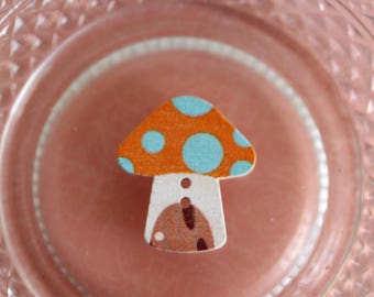 button mushroom blue and orange wood