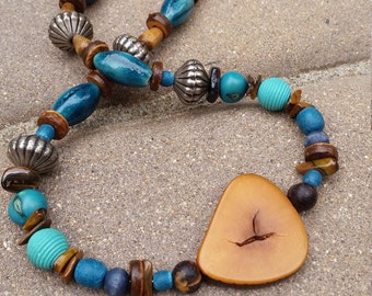 Teal Boho Necklace, Beaded Wood Slice Necklace, Blue Wood Necklace, Earthy Blue Bohemian Necklace