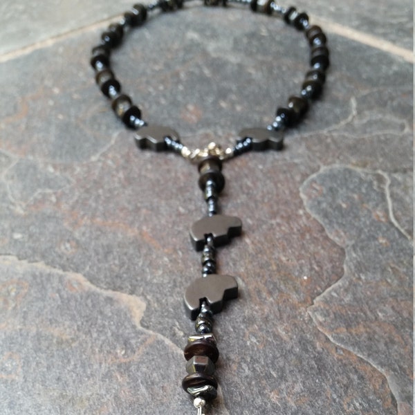 Hematite Lariat Necklace, Zuni Buffalo Lariat Necklace, Stone Beaded Y Necklace