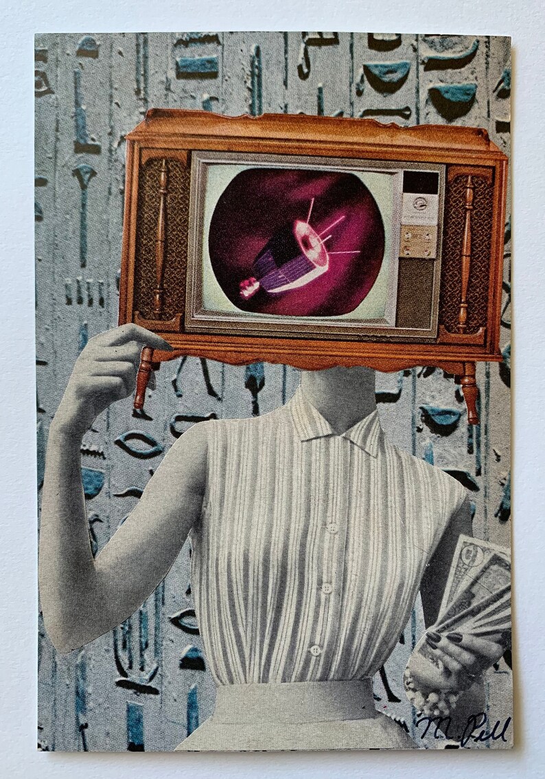 Alien art Space art Living room artwork TV Lady artwork Original collage art Funky Egyptian art