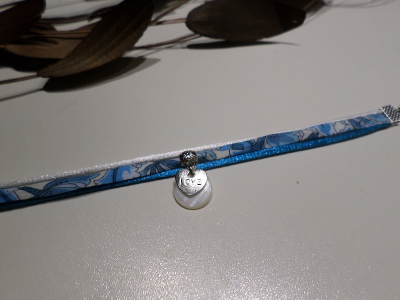 Woman/'s Jewelry Mother/'s Day Mom Liberty Floral Bracelet Blue Pendant Heart Cordon Satin White Teenage Gift