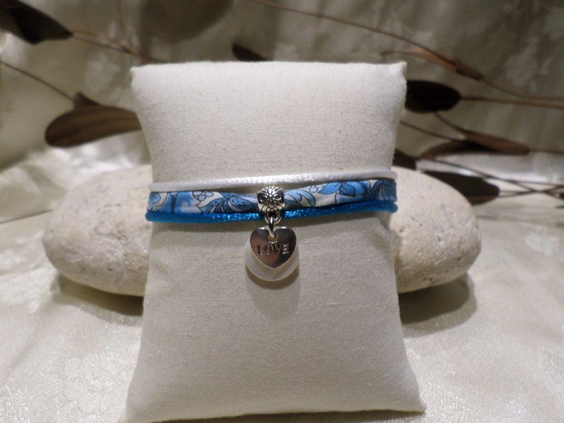 Woman/'s Jewelry Mother/'s Day Mom Liberty Floral Bracelet Blue Pendant Heart Cordon Satin White Teenage Gift
