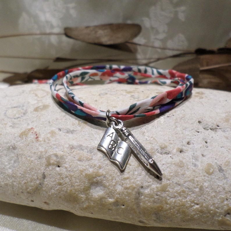 Master bracelet in floral Liberty fabric with pencil and silver book pendant, Original jewelry, Master gift image 3