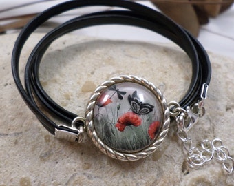 Bracelet Cabochon papillon libellule et coquelicots avec cuir noir, Bijou original femme, Cadeau d'anniversaire, Mamie, Cadeau Maman