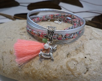 Personalized pink floral liberty cord bracelet and silver leather with small dog pendant, Original child girl jewelry gift idea