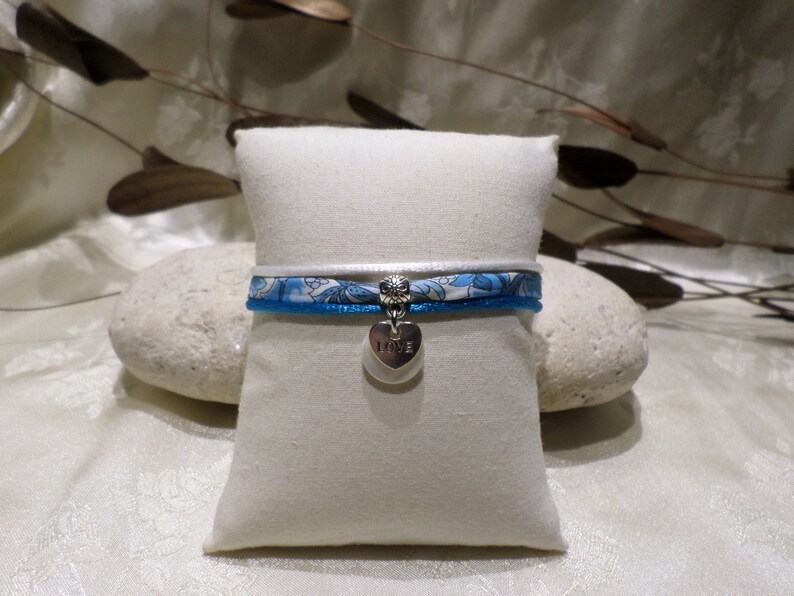 Woman/'s Jewelry Mother/'s Day Mom Liberty Floral Bracelet Blue Pendant Heart Cordon Satin White Teenage Gift