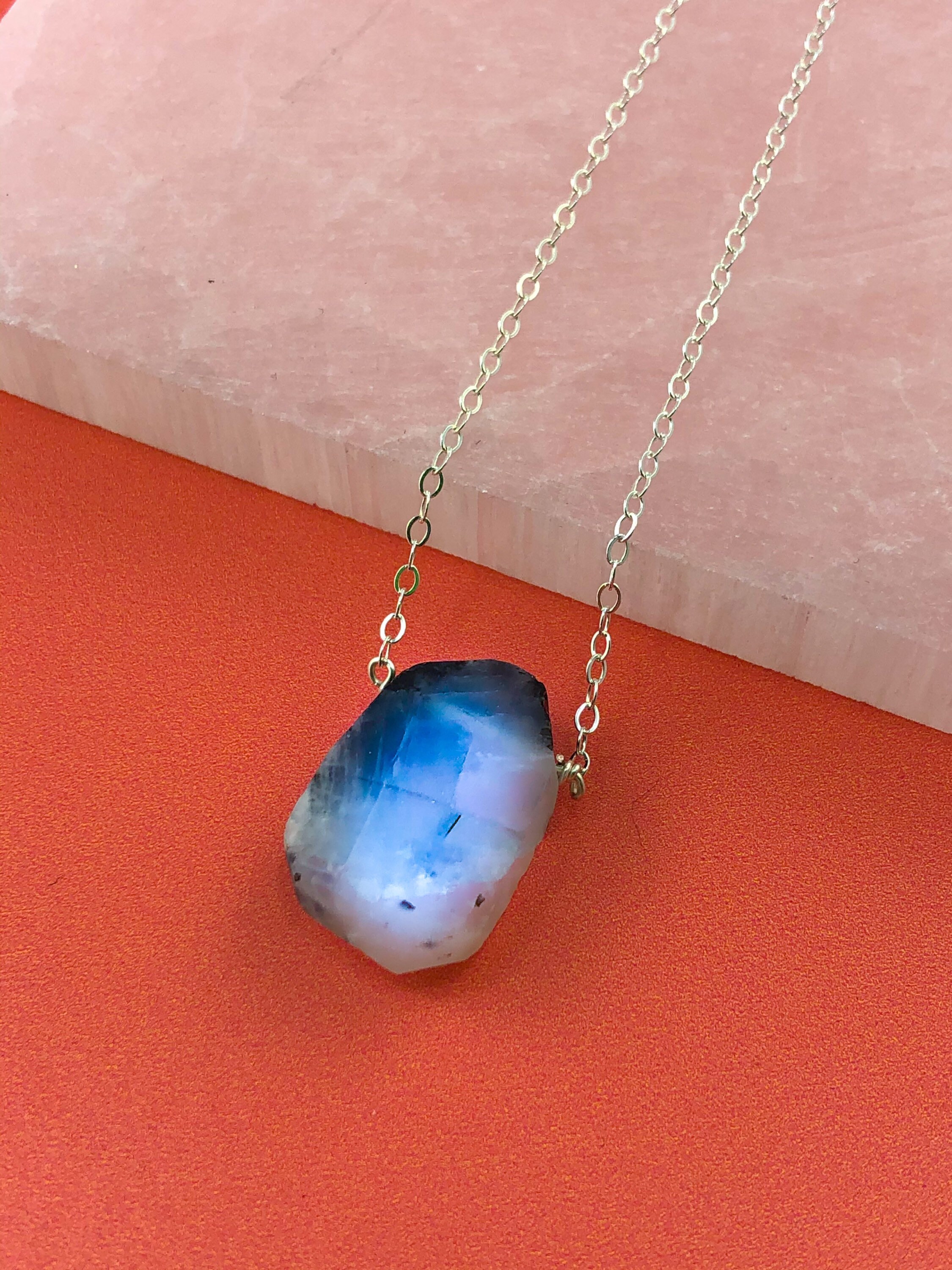 Raw Rainbow Moonstone Healing Necklace • Black Tourmaline Inclusions