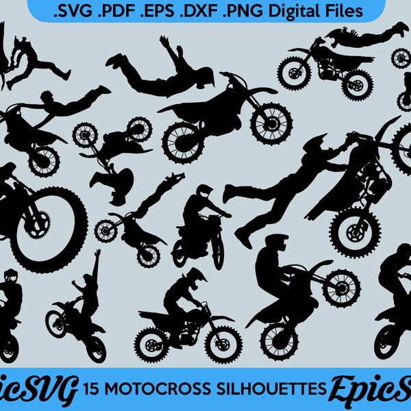 15 Motocross Riders | .SVG .PDF .EPS .dxf .png | Dirtbike Vector Graphic Silhouette Cameo Cricut Clipart