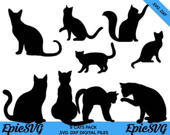 9 Cats | .SVG .DXF | Clipart Vector Graphic Black Cat Silhouette Cameo Cricut Digital Download