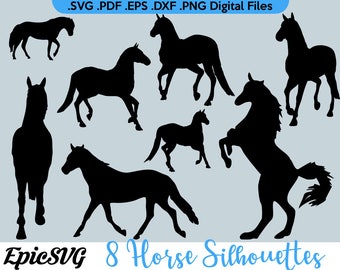 8 Horse Silhouettes | .SVG .PDF .EPS .dxf .png | Digital Files Cute Horse Cricut Silhouette Studio Ready To Cut!