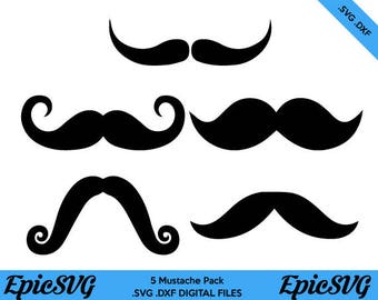 Five Mustache Silhouettes | .SVG .DXF | Clipart Vector Graphic Mustache Silhouette Digital Download Cute