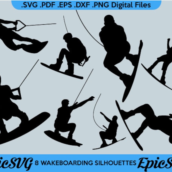 8 Wakeboarding Silhouettes | .SVG .PDF .EPS .dxf .png | Wakeboard Vector Graphic Silhouette Cameo Cricut Clipart