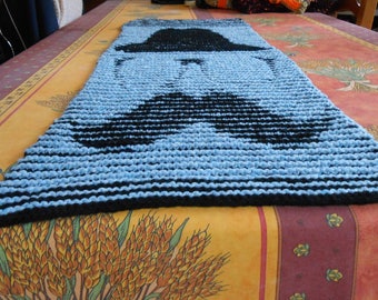 hand knitted scarf stitch fancy blue and black acrylic optical illusion